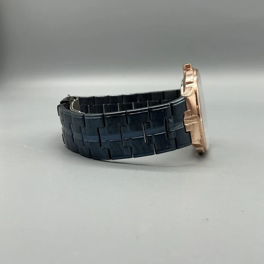 Curren M-8321 Mens Watch 42mm Blue Dial Bracelet Rose Gold Tone New Battery 8.5